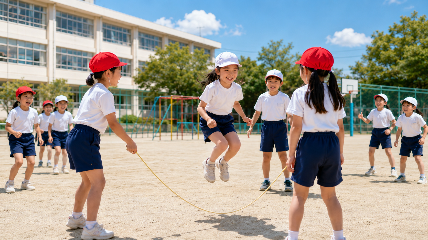 休み時間に縄跳びをする小学生