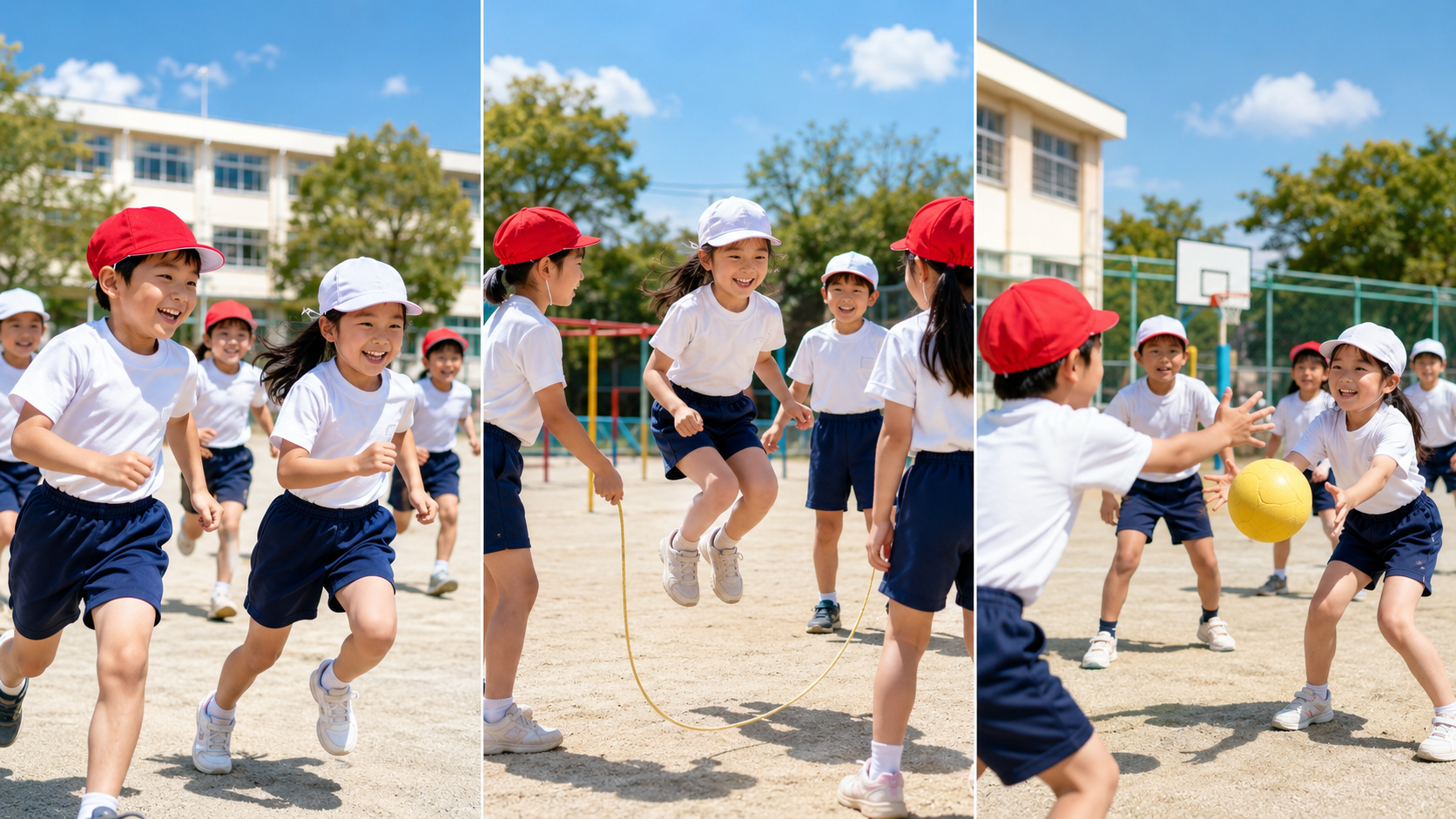 紅白帽をかぶった小学生が校庭で走る・なわとび・ボール遊びをするシーン