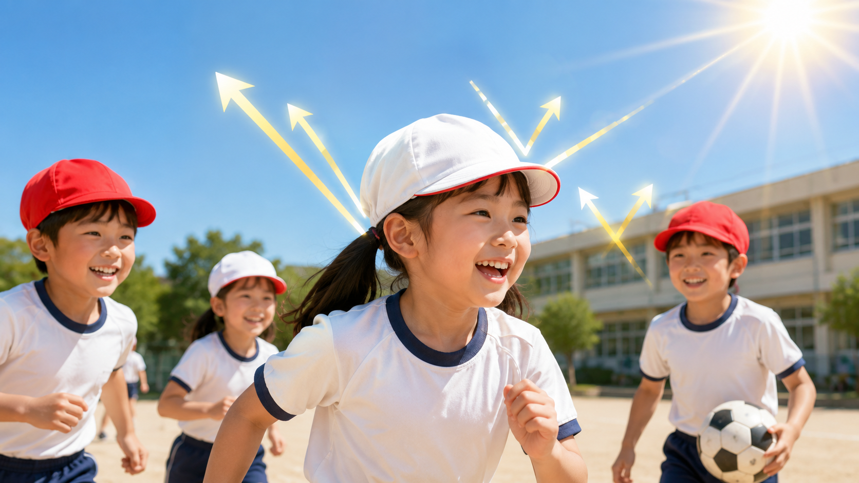 紅白帽をかぶった小学生が夏の校庭で元気に外遊びをする様子
